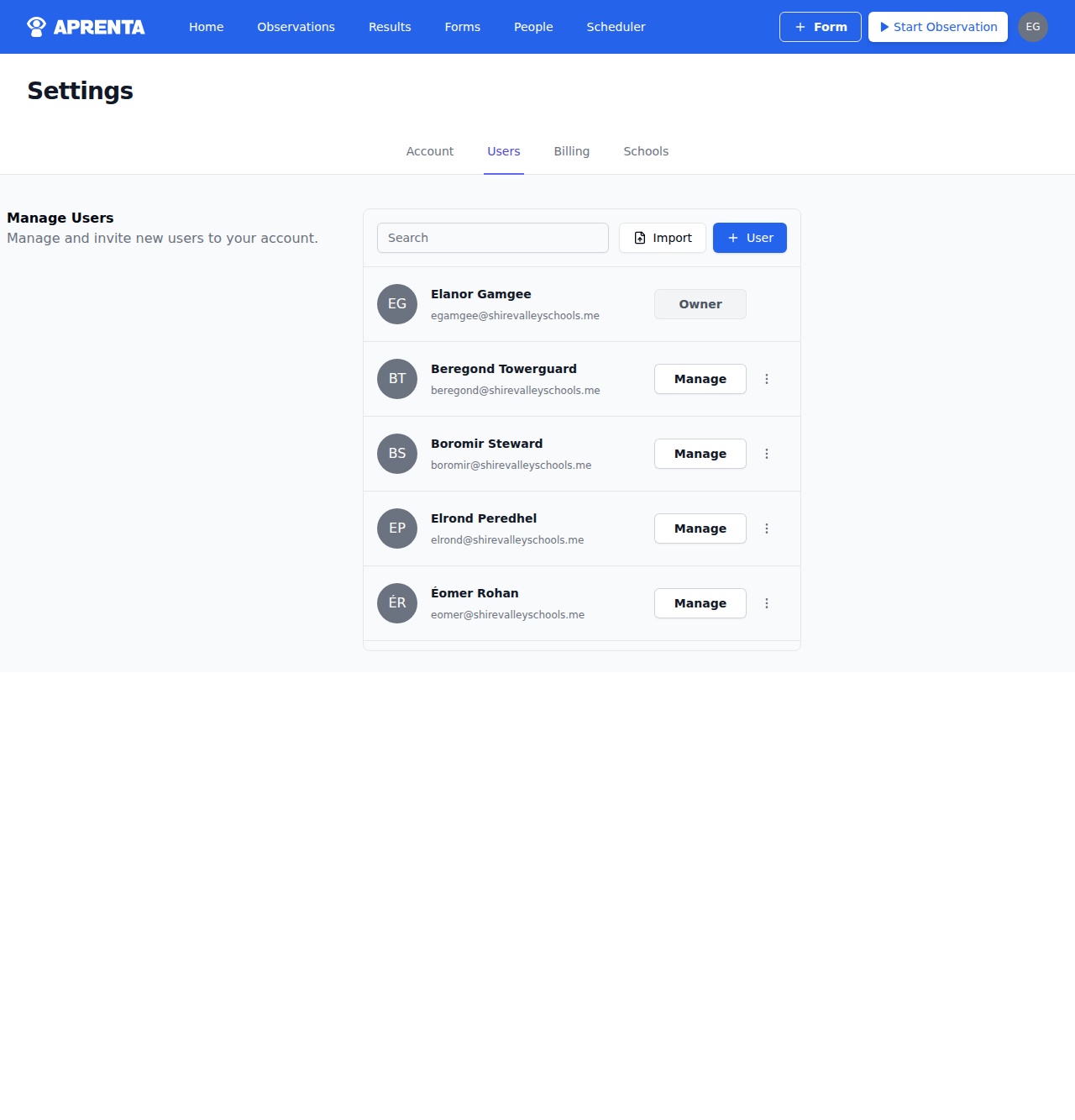 The Users settings page showing all users with their names, emails, and assigned schools
