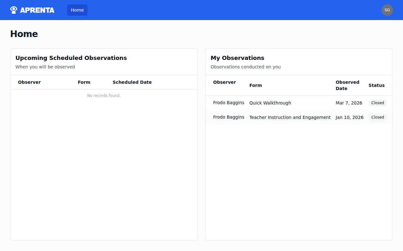 The teacher's dashboard showing observation feedback and results