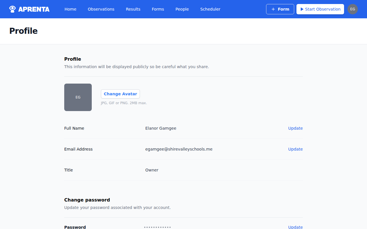 The My Profile page showing avatar, full name, email address, title, and change password section