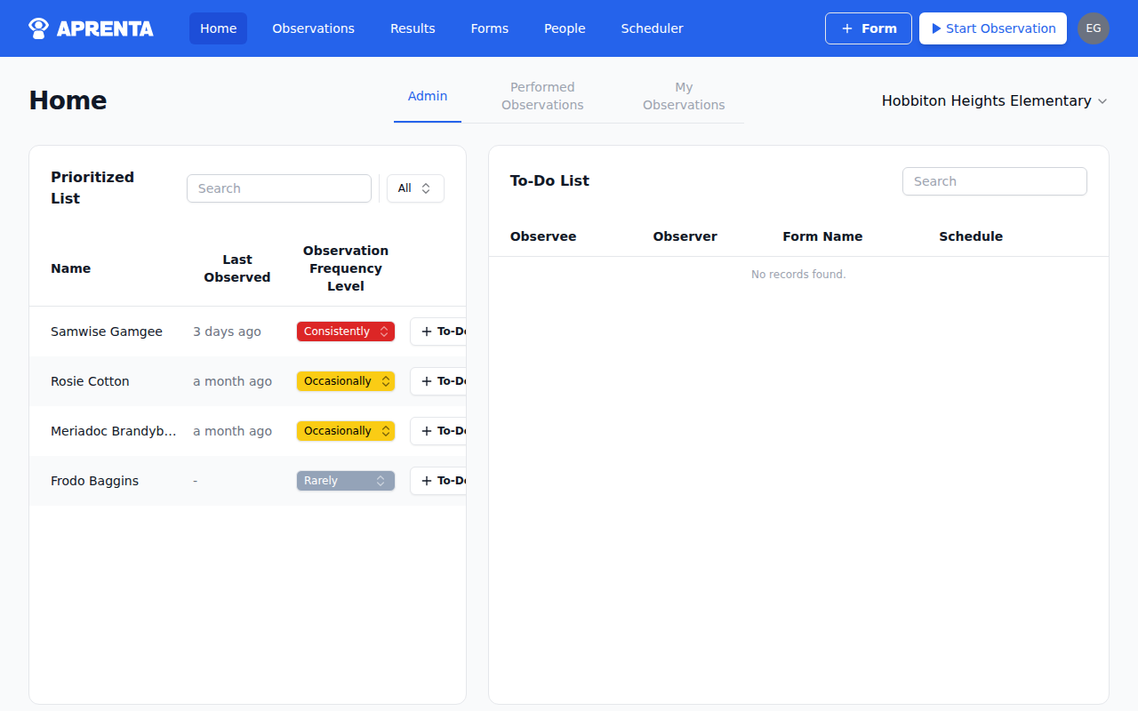 The Home page showing the top navigation bar with menu items for Home, Observations, Results, Forms, People, and Scheduler